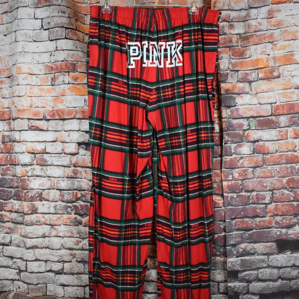 Pink By Victorias Secret Large Holiday Red Logo Bum Plaid Pajama Pants